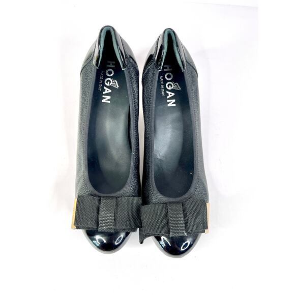 Hogan Size 5 Leather Pump Gold Tone Metallic Block Heel, Fabric Bow Metal Edges - Picture 5 of 15